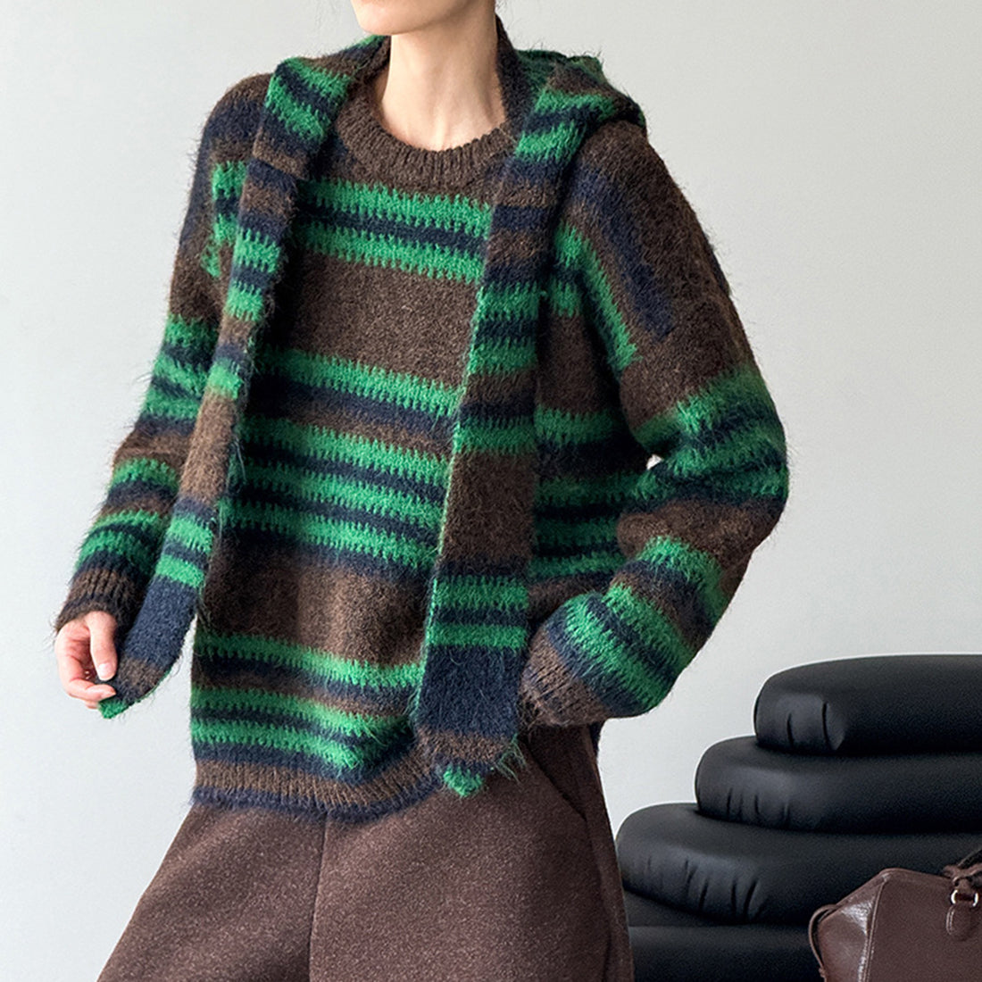 Loose retro contrasting striped sweater with shawl