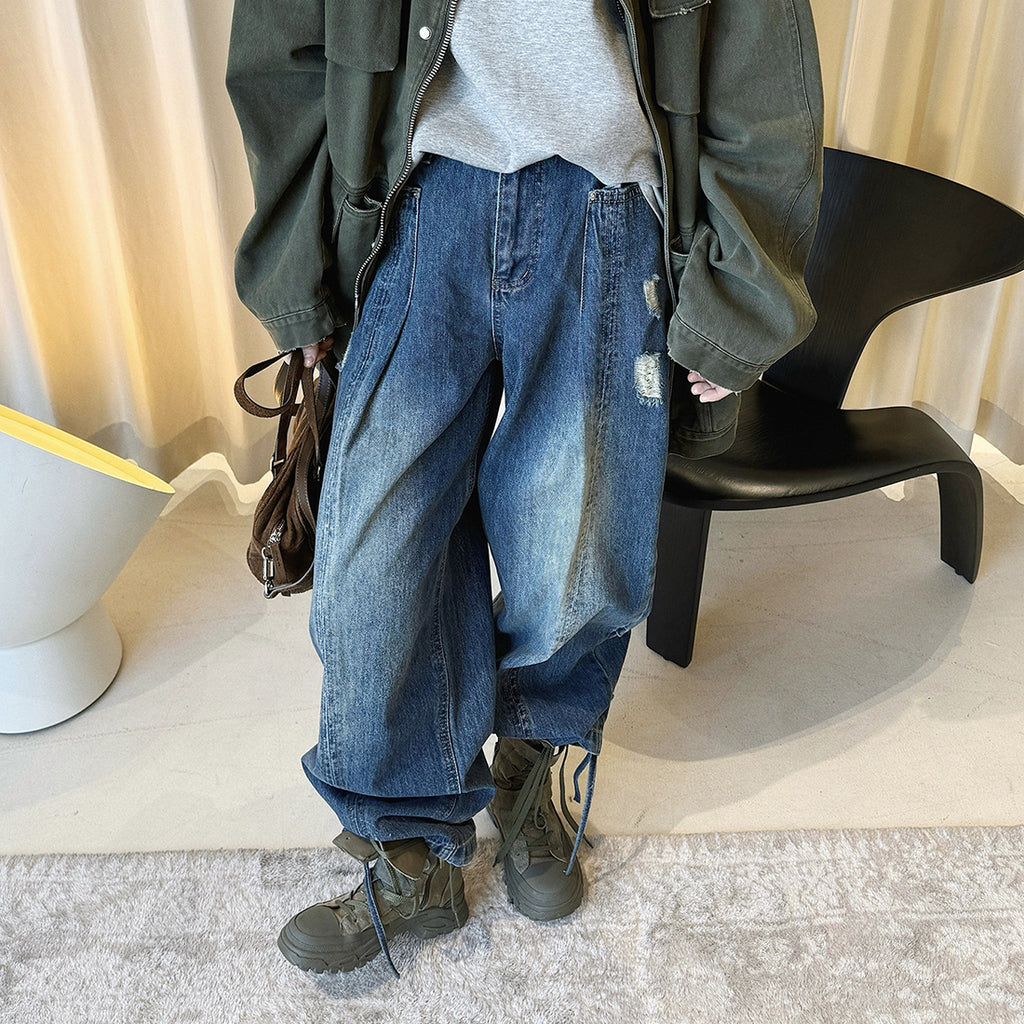 Retro pocket patchwork ripped loose jeans