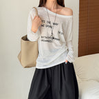 Women’s Off-Shoulder Letter Print Sheer Long-Sleeve Top