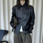 Big collar PU leather button jacket top