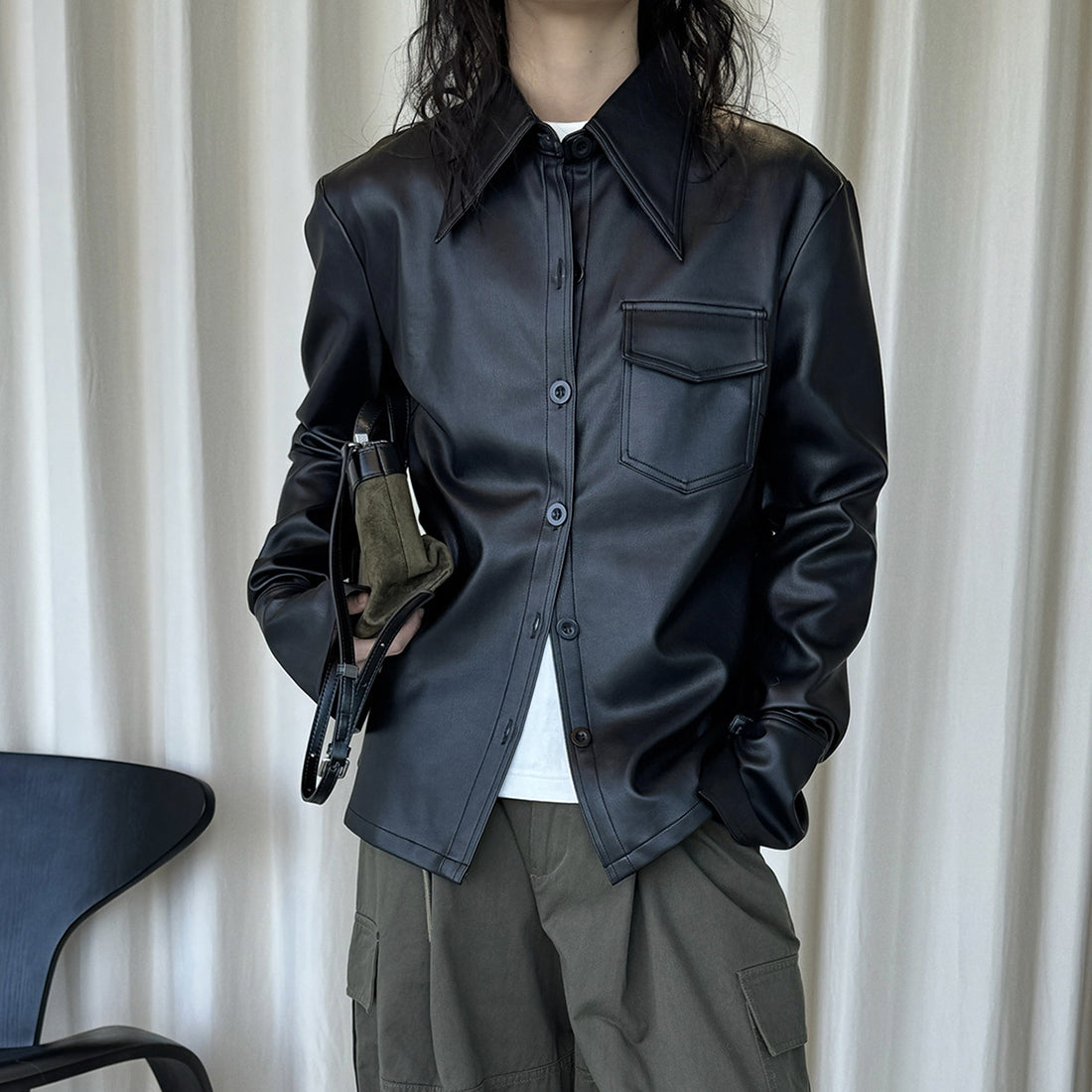 Big collar PU leather button jacket top