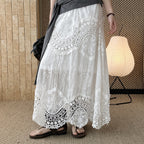 Boho lace embroidered maxi skirt with flowy silhouette and soft lining