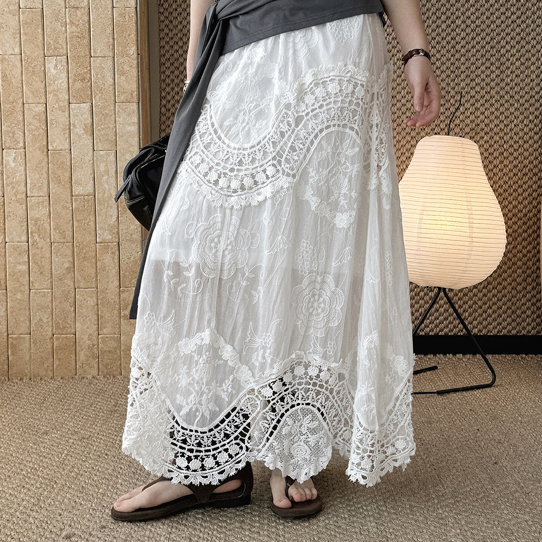 Boho lace embroidered maxi skirt with flowy silhouette and soft lining