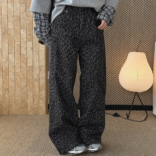 Retro contrasting leopard print loose jeans