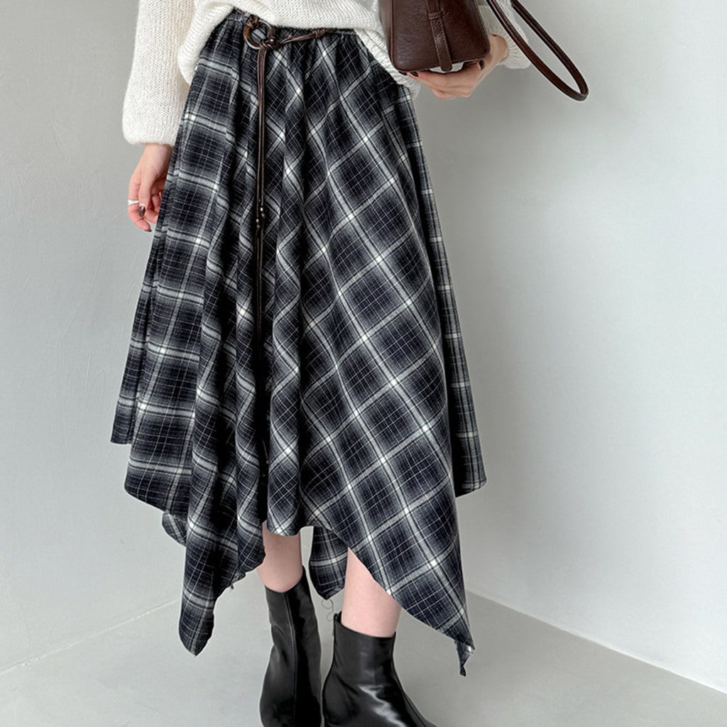 Irregular plaid high waist slimming half body A-line skirt