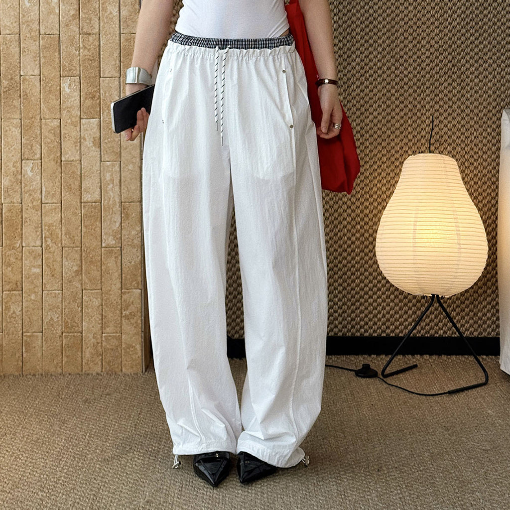 Grid waistband elastic drawstring loose casual ankle pants