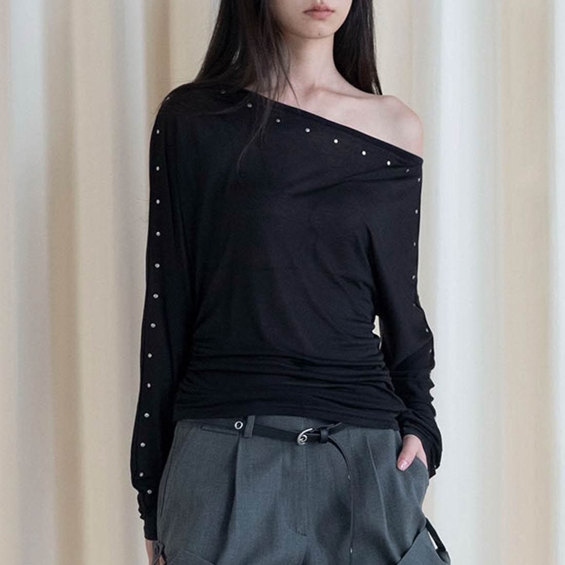 One shoulder rivet splicing sun protection T-shirt sun protection top