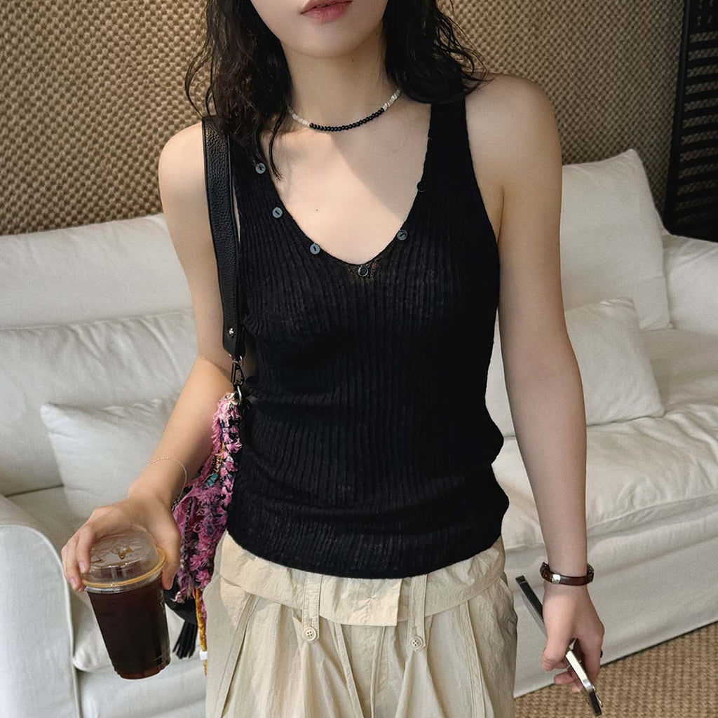 V-Neck Ribbed Knit Tank Top with Button Detail