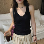 V-Neck Ribbed Knit Tank Top with Button Detail