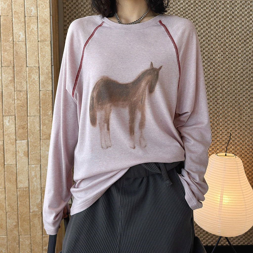 Printed open thread raglan sleeves long sleeved loose T-shirt top