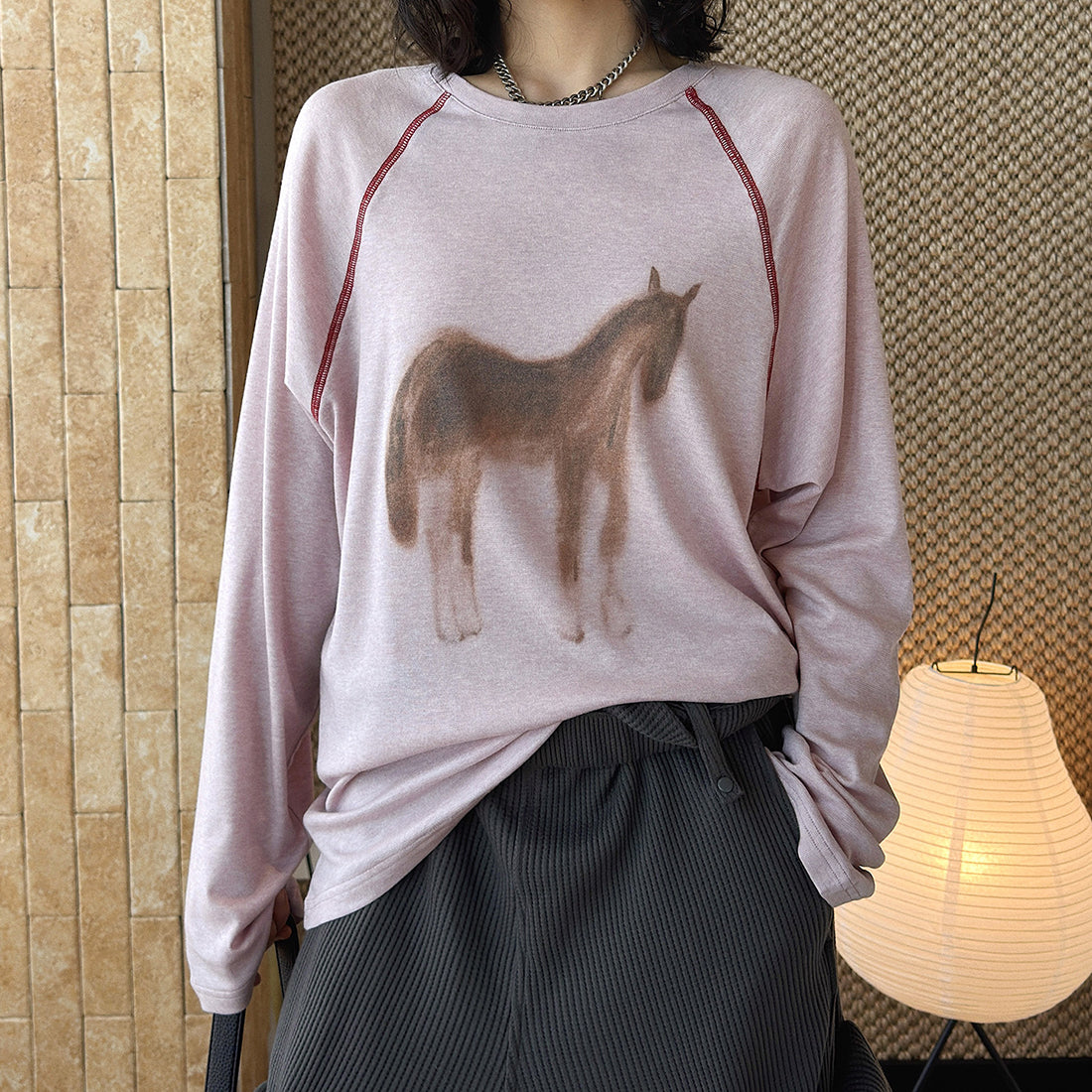 Printed open thread raglan sleeves long sleeved loose T-shirt top