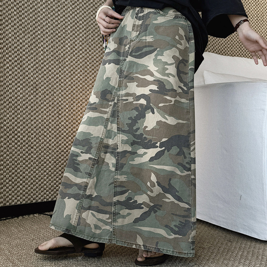 Camo long skirt women high waist vintage A-line maxi skirt