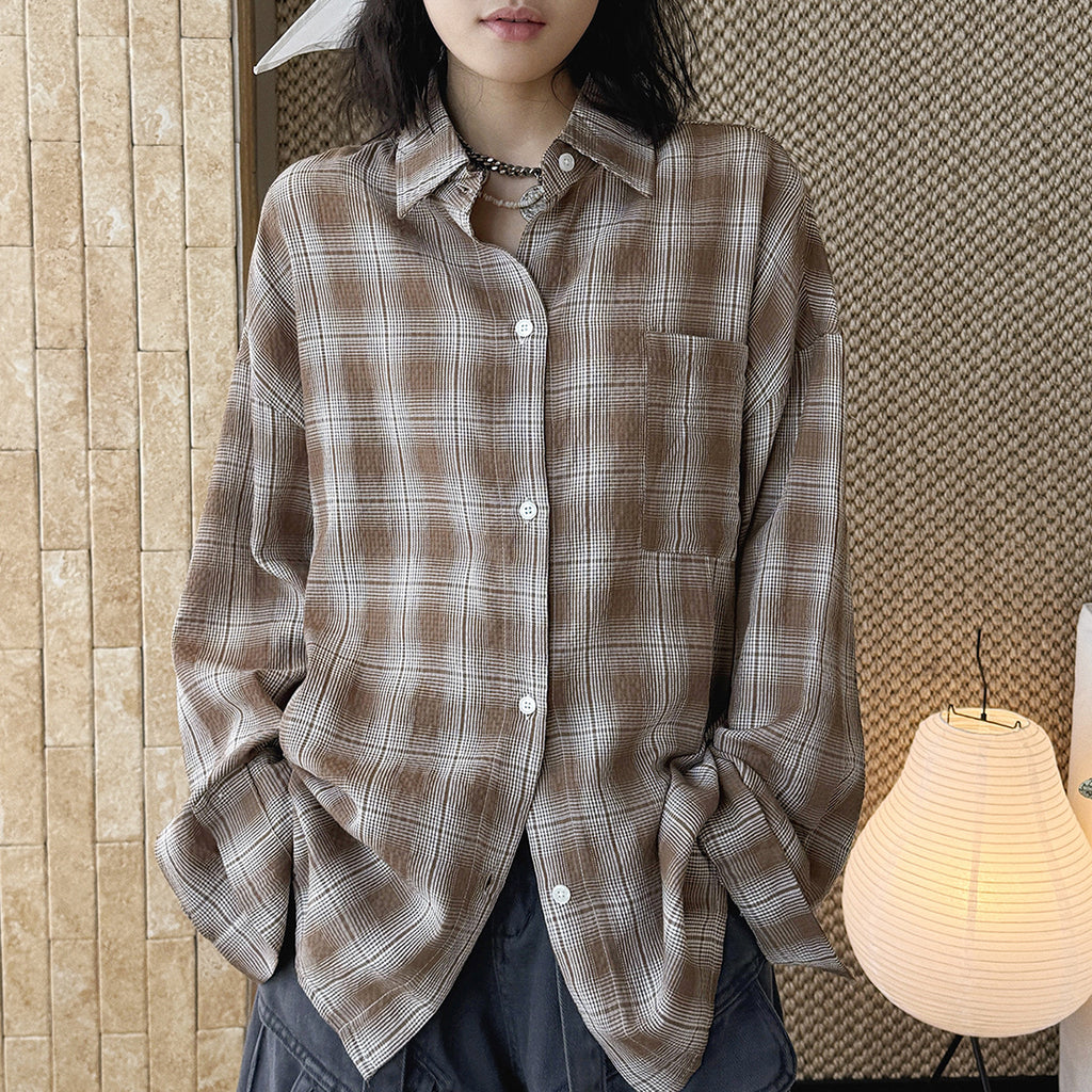 Vintage plaid cotton shirt loose long sleeve casual button down blouse