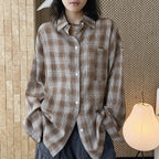 Vintage plaid cotton shirt loose long sleeve casual button down blouse