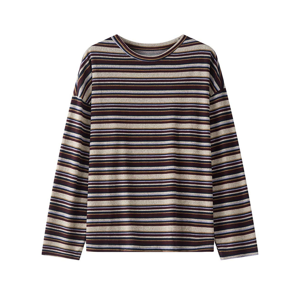 Minimally contrasting striped loose and slimming round neck T-shirt top
