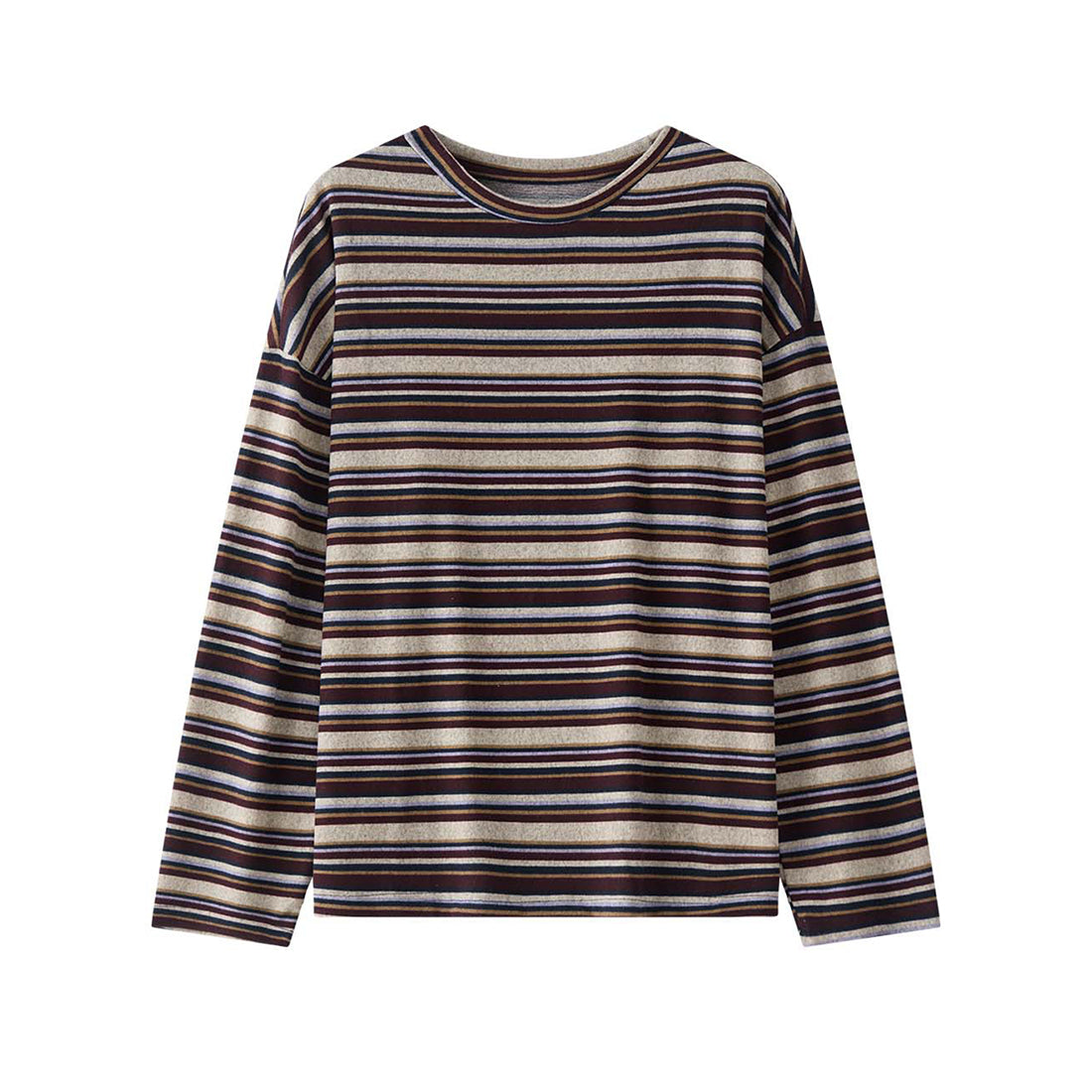 Minimally contrasting striped loose and slimming round neck T-shirt top