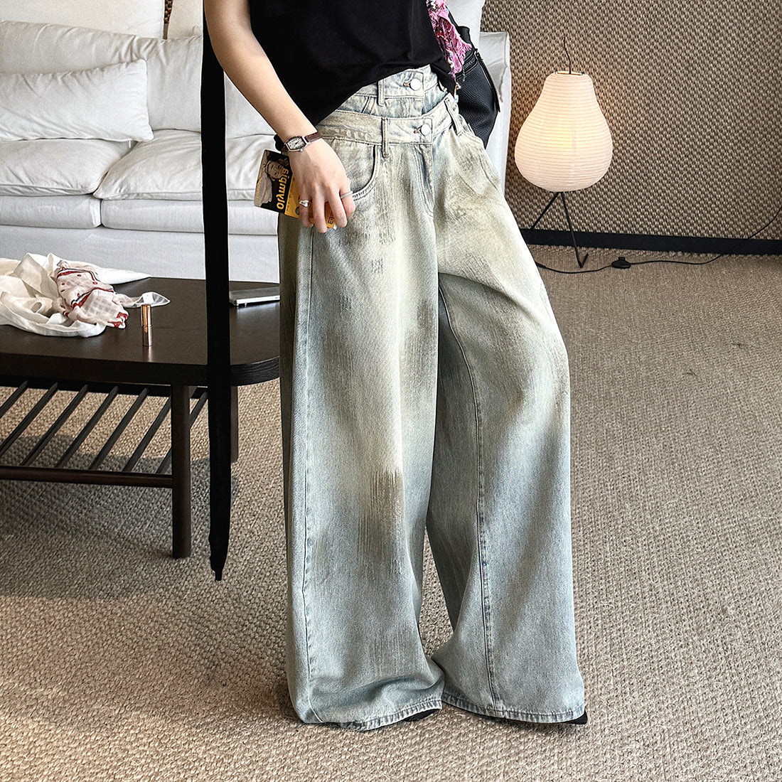 Women’s Double Waist Washed Wide Leg Denim Pants