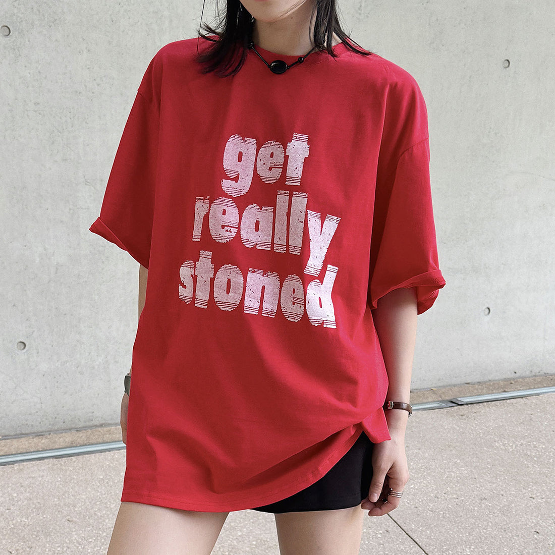 Round neck letter printed shoulder loose T-shirt top