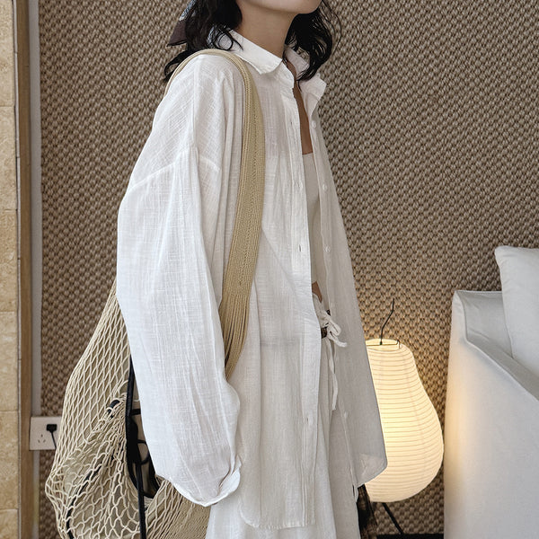 Cotton linen oversized shirt women breathable loose long sleeve casual blouse