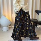 Retro elastic waist printed pleated A-line maxi skirt