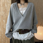 Deep V-neck raglan loose long sleeved sweatshirt