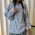 Retro minimalist round neck striped contrasting T-shirt top