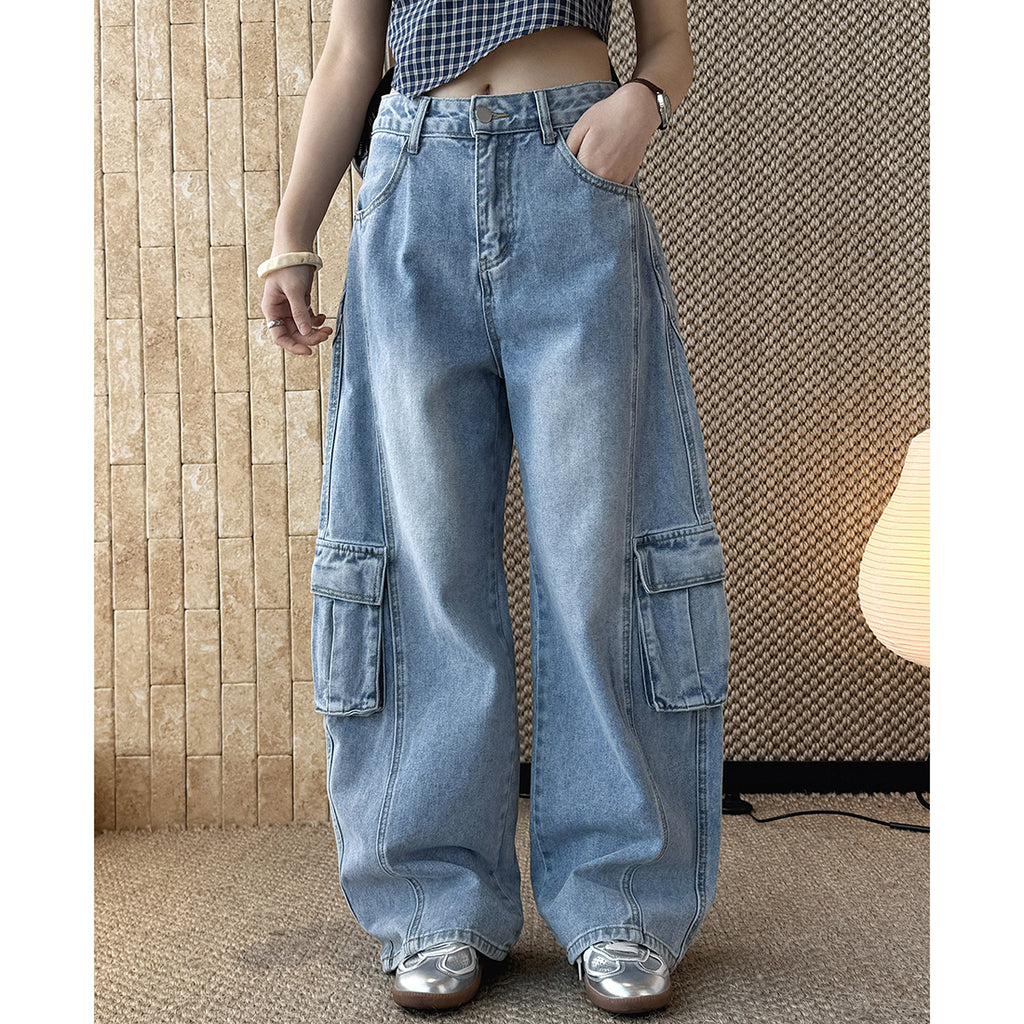 cargo wide leg jeans high waist loose fit vintage wash denim pants