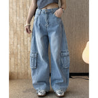 cargo wide leg jeans high waist loose fit vintage wash denim pants