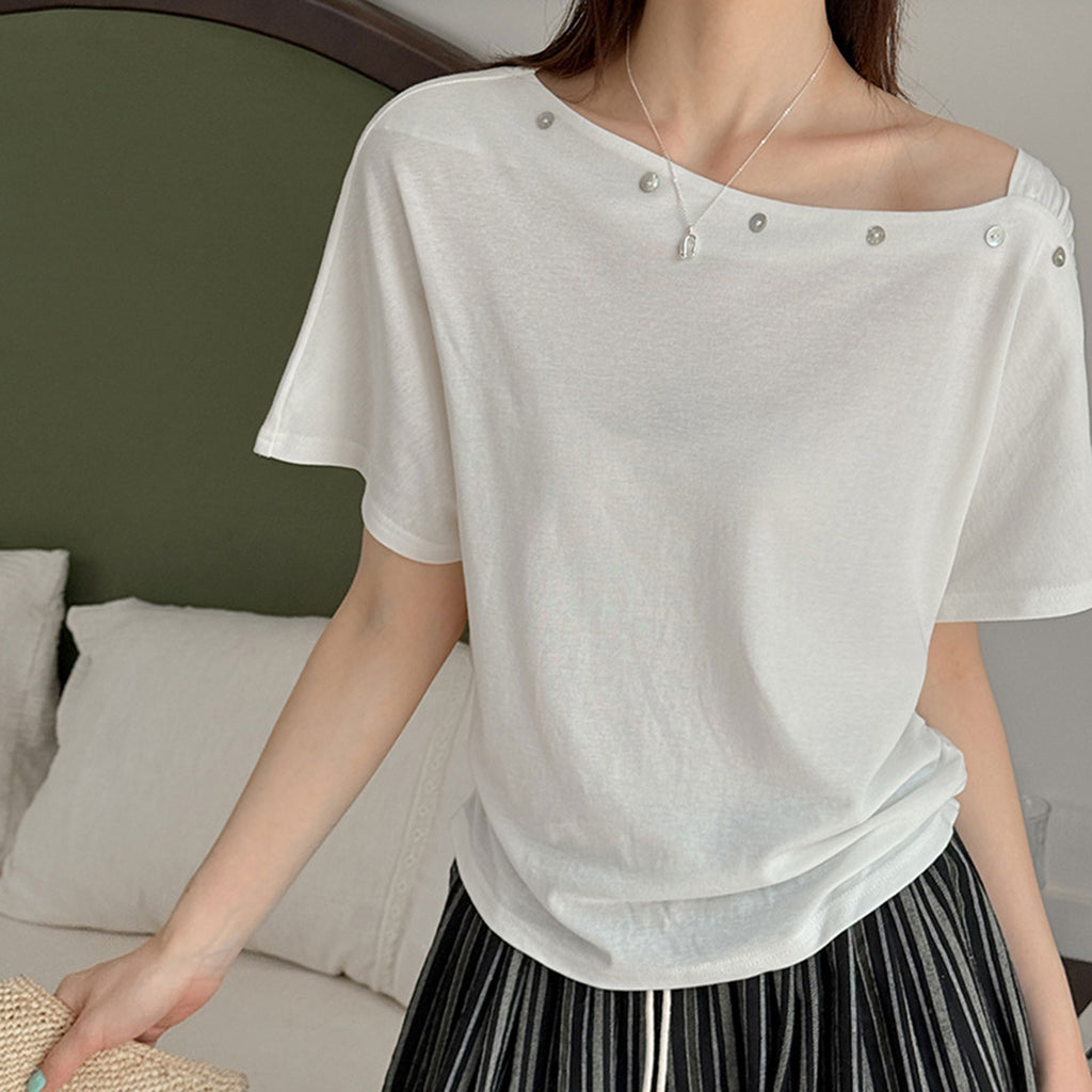 Women’s Asymmetrical Button-Shoulder Short-Sleeve T-Shirt