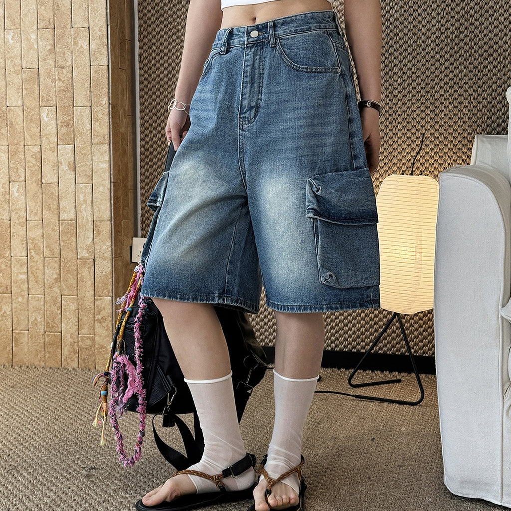cargo denim bermuda shorts high waist loose fit wide leg washed jeans