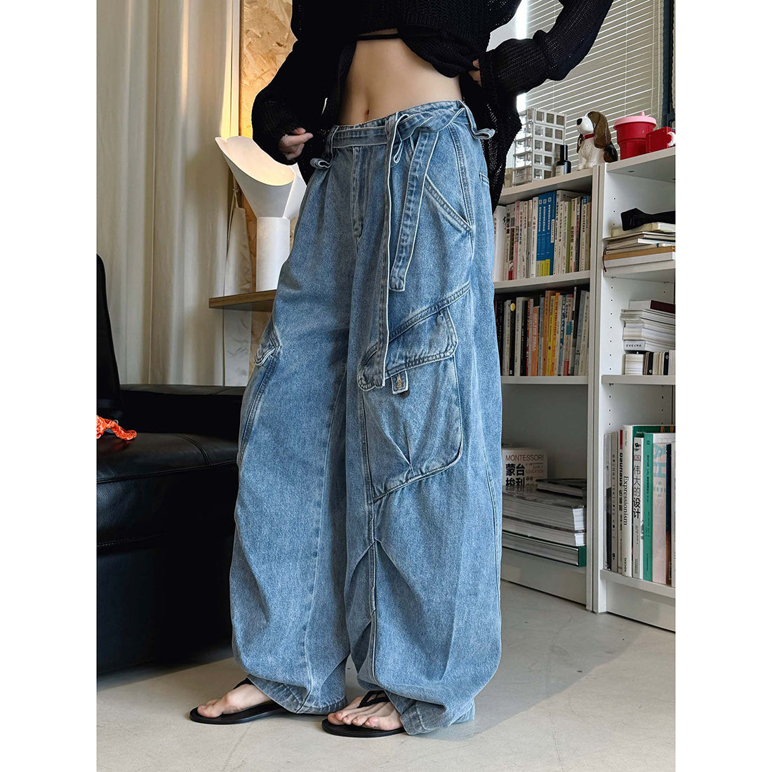 High-Waist Wide-Leg Denim Pants with Utility Pockets