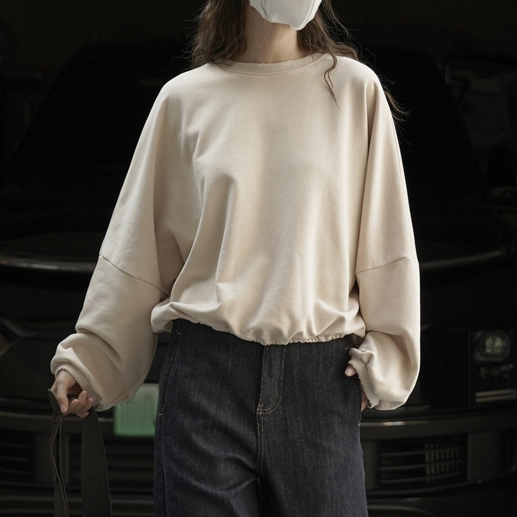 Round neck hem pleated long sleeved top sweatshirt