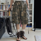 High Waist Camouflage Cargo Shorts Women Vintage Loose Fit Utility Bermuda Shorts
