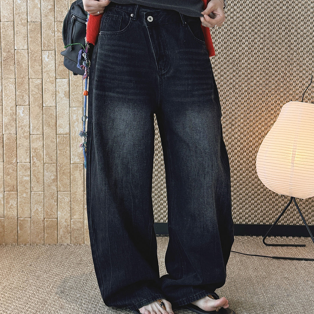 High waist denim jeans, wide leg loose fit, vintage wash