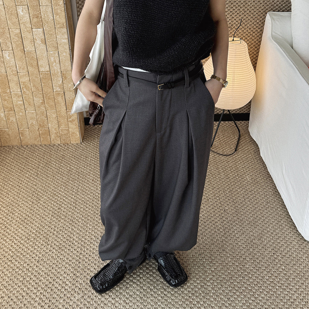 High waist pleated loose fit tapered cuff pants