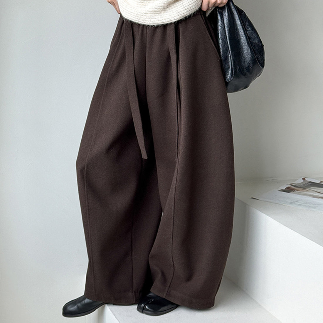 Retro high waist slimming wide leg casual curved knife pants