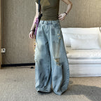 Women’s Vintage Washed Distressed Wide Leg Denim Jeans