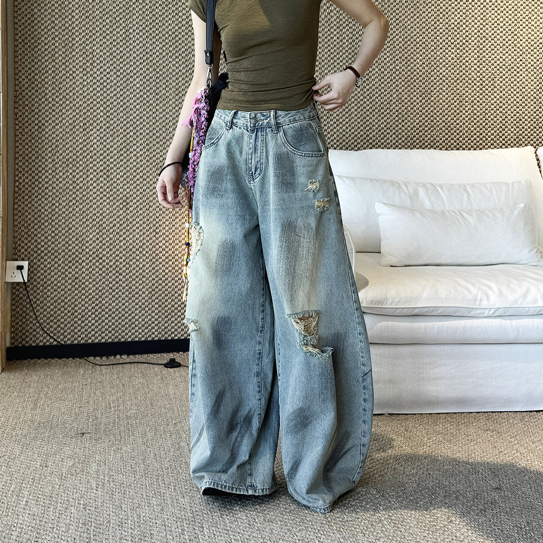Women’s Vintage Washed Distressed Wide Leg Denim Jeans