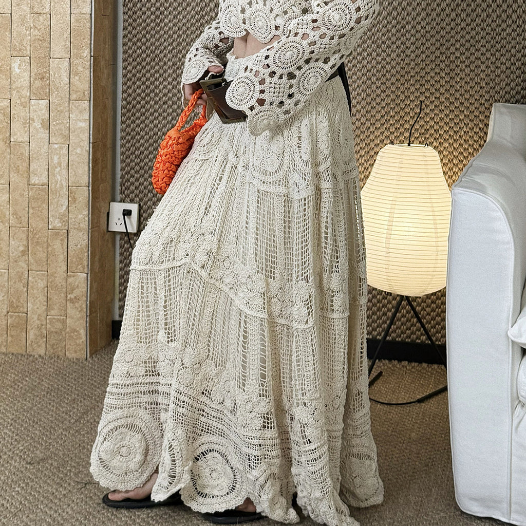 Bohemian hollow knitted half body A-line maxi skirt