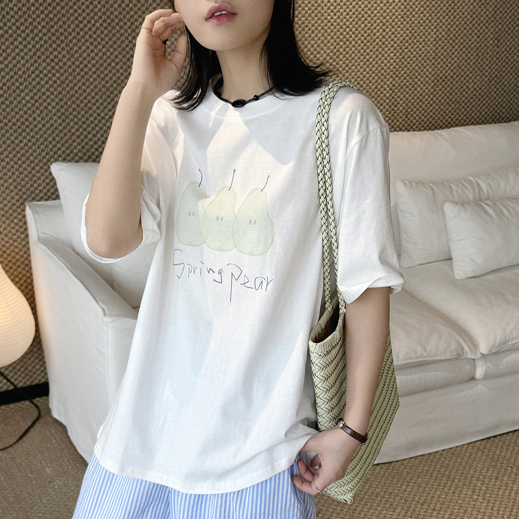 Oversized Spring Pear Graphic Cotton T-Shirt