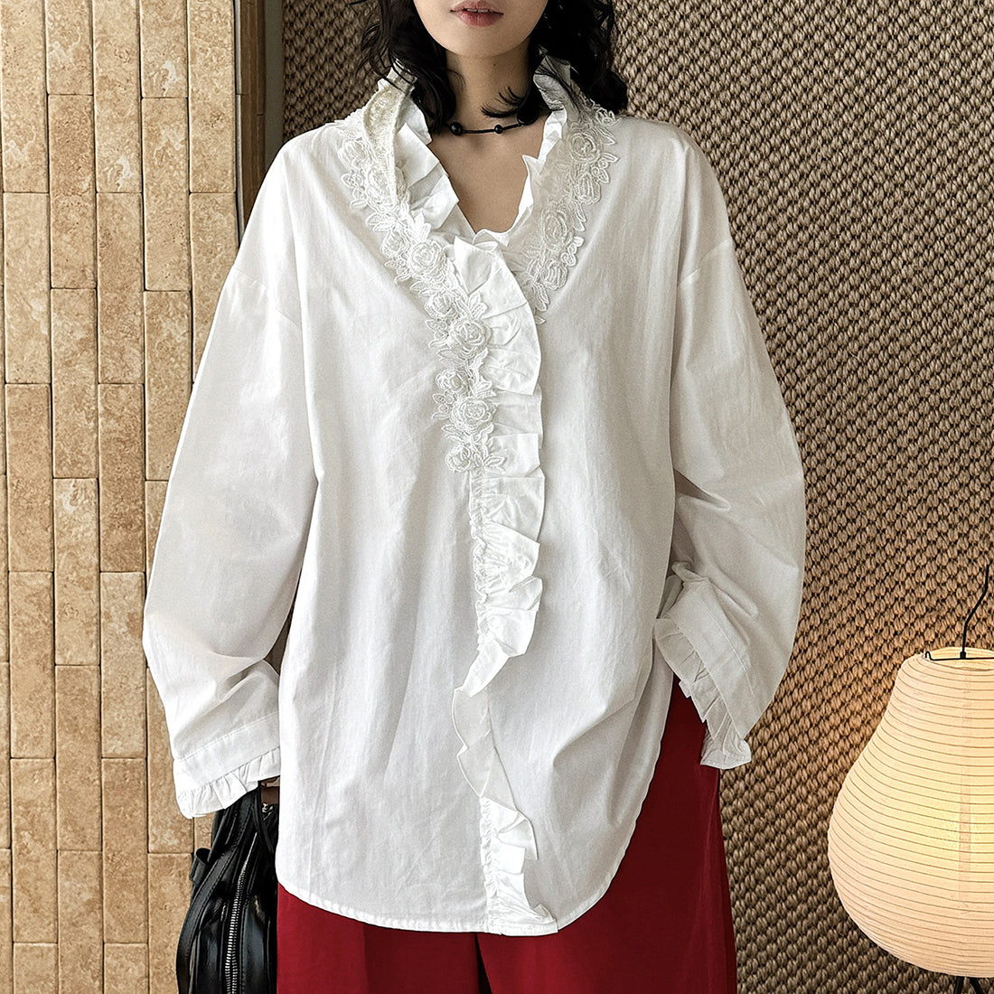 Loose nail bead rose border patchwork shirt