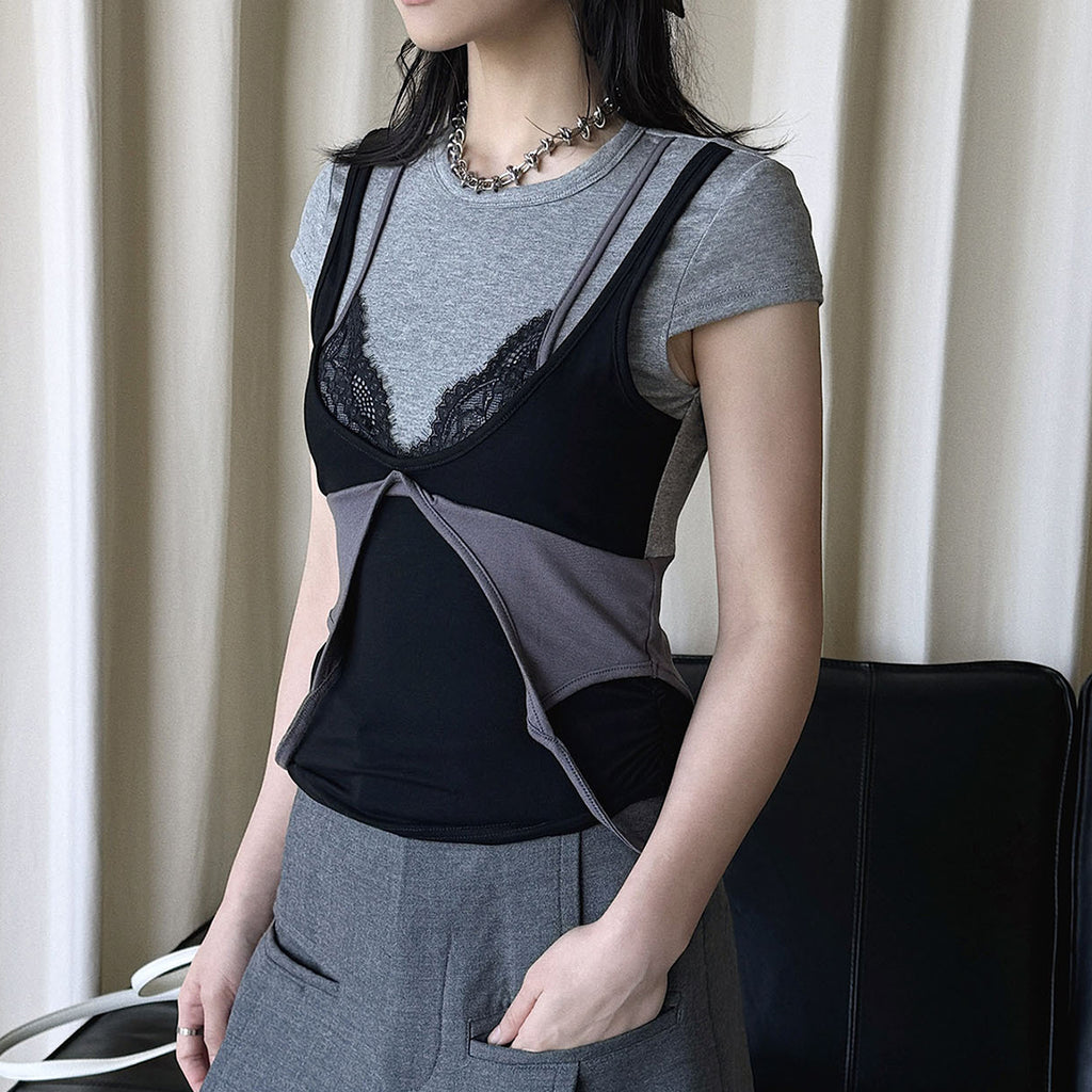 Retro INS style lace fake two-piece stacked T-shirt top