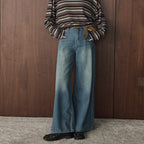 Retro washed loose micro flared jeans with belt