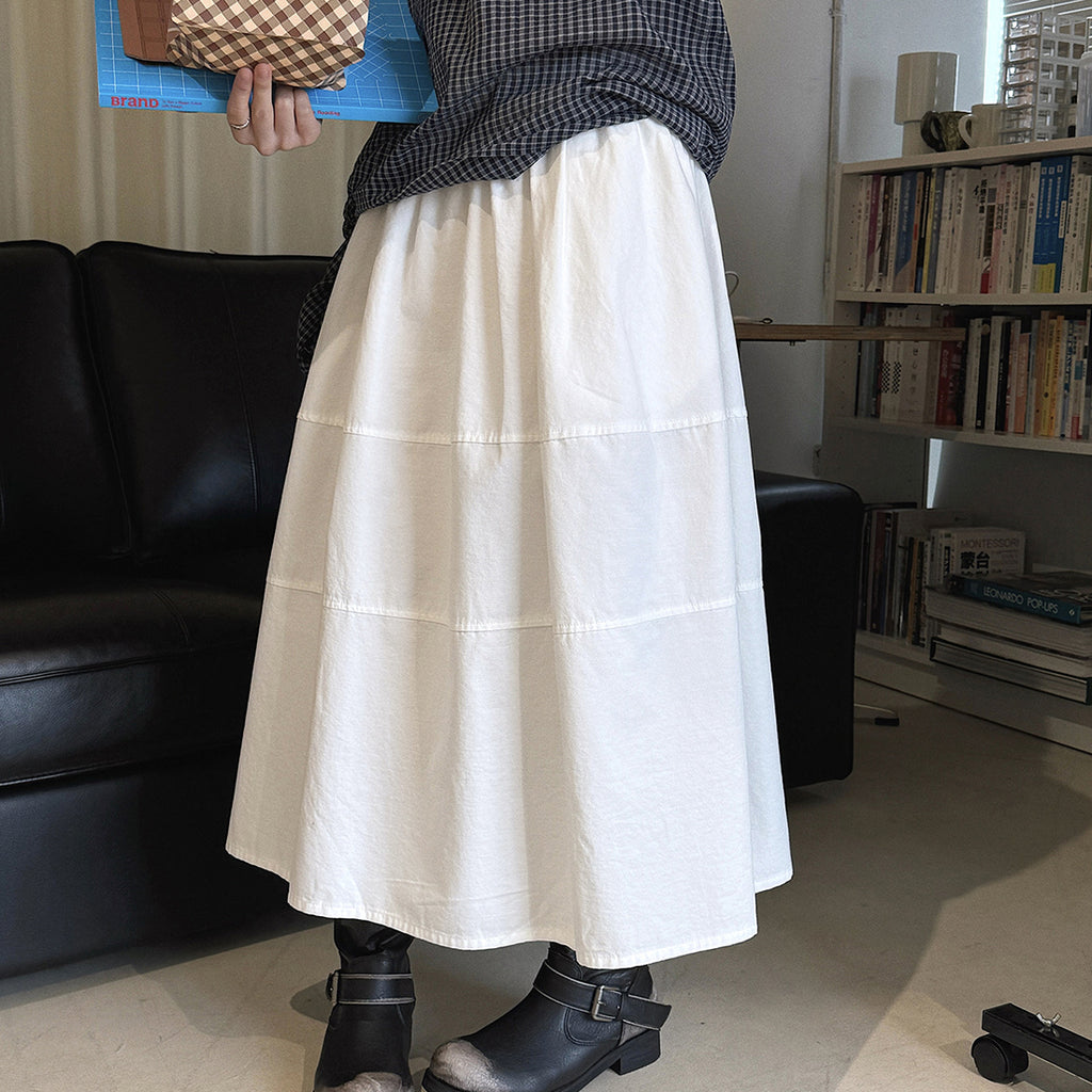 long skirt high waist elastic waist cotton a line midi skirt loose casual solid color skirt