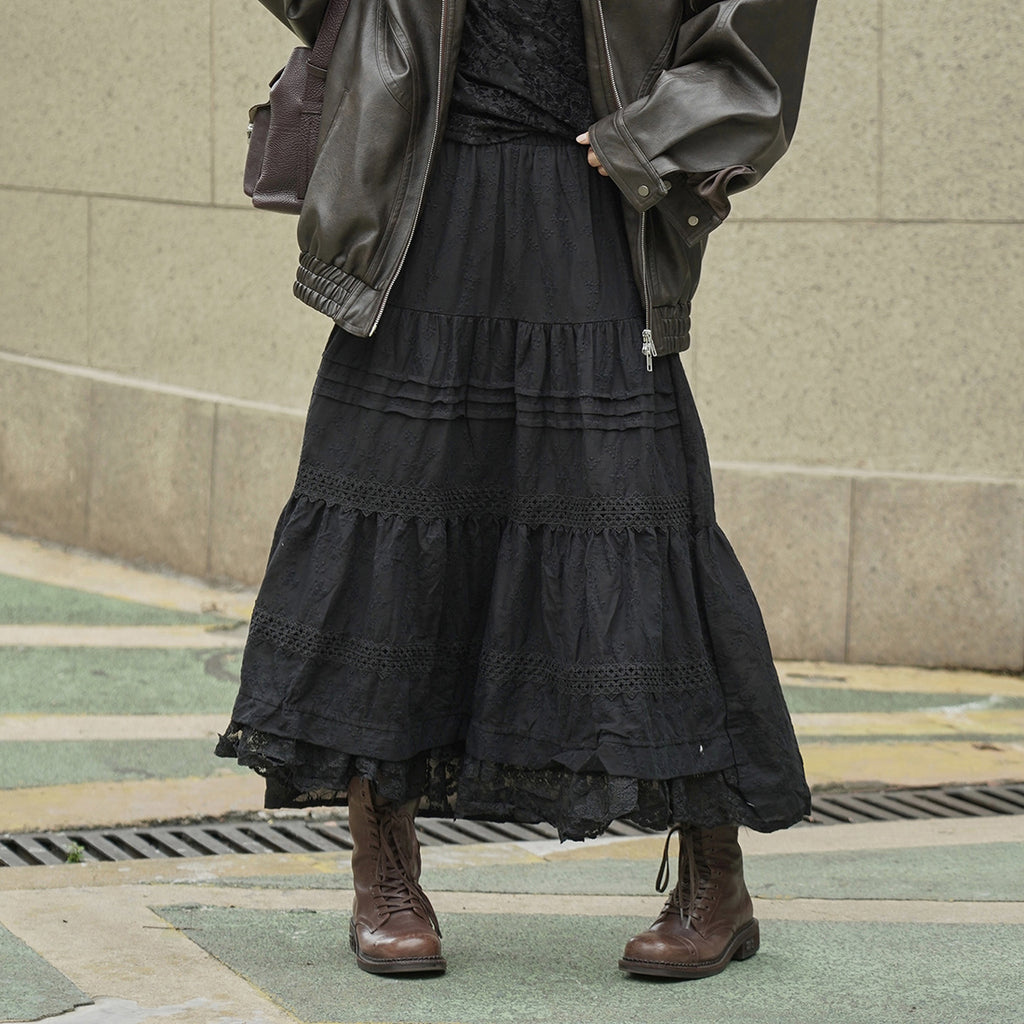 French retro patchwork floral lace skirt A-line long skirt