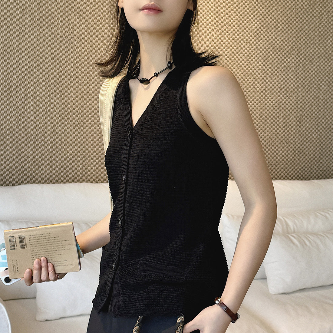 Sleeveless V-Neck Knit Button Vest Top