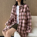 Vintage pink plaid oversized cotton shirt women loose casual long sleeve blouse