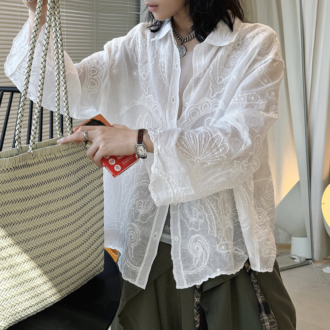 embroidered sheer shirt loose fit long sleeve button down lightweight cotton blouse