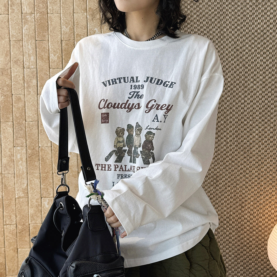 Retro teddy bear letter printed loose long sleeved T-shirt