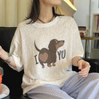 Round neck sausage dog letter printed short sleeve T-shirt top